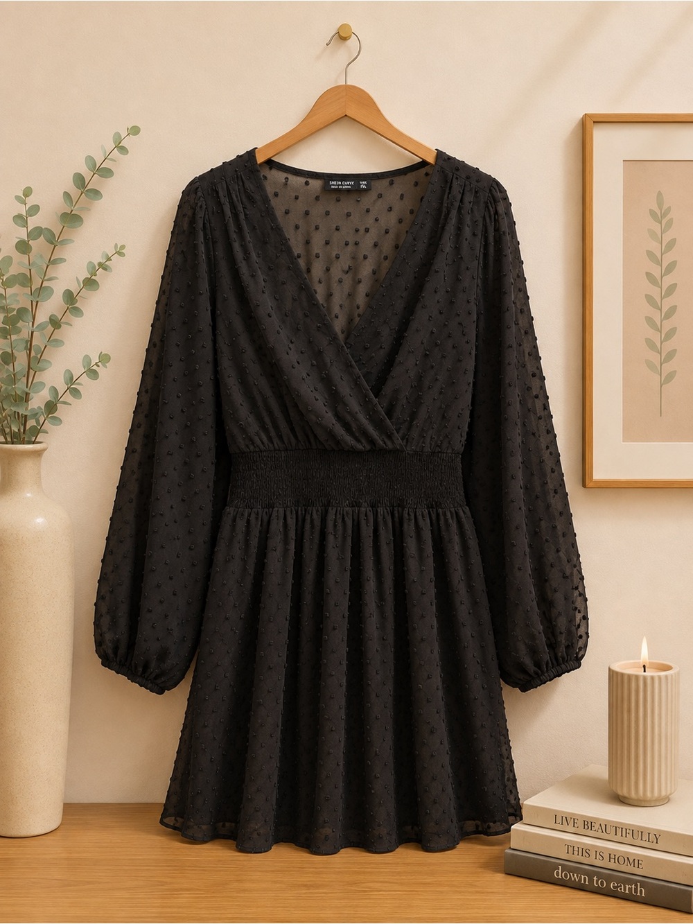 Black Textured Long-Sleeve Wrap Mini Dress